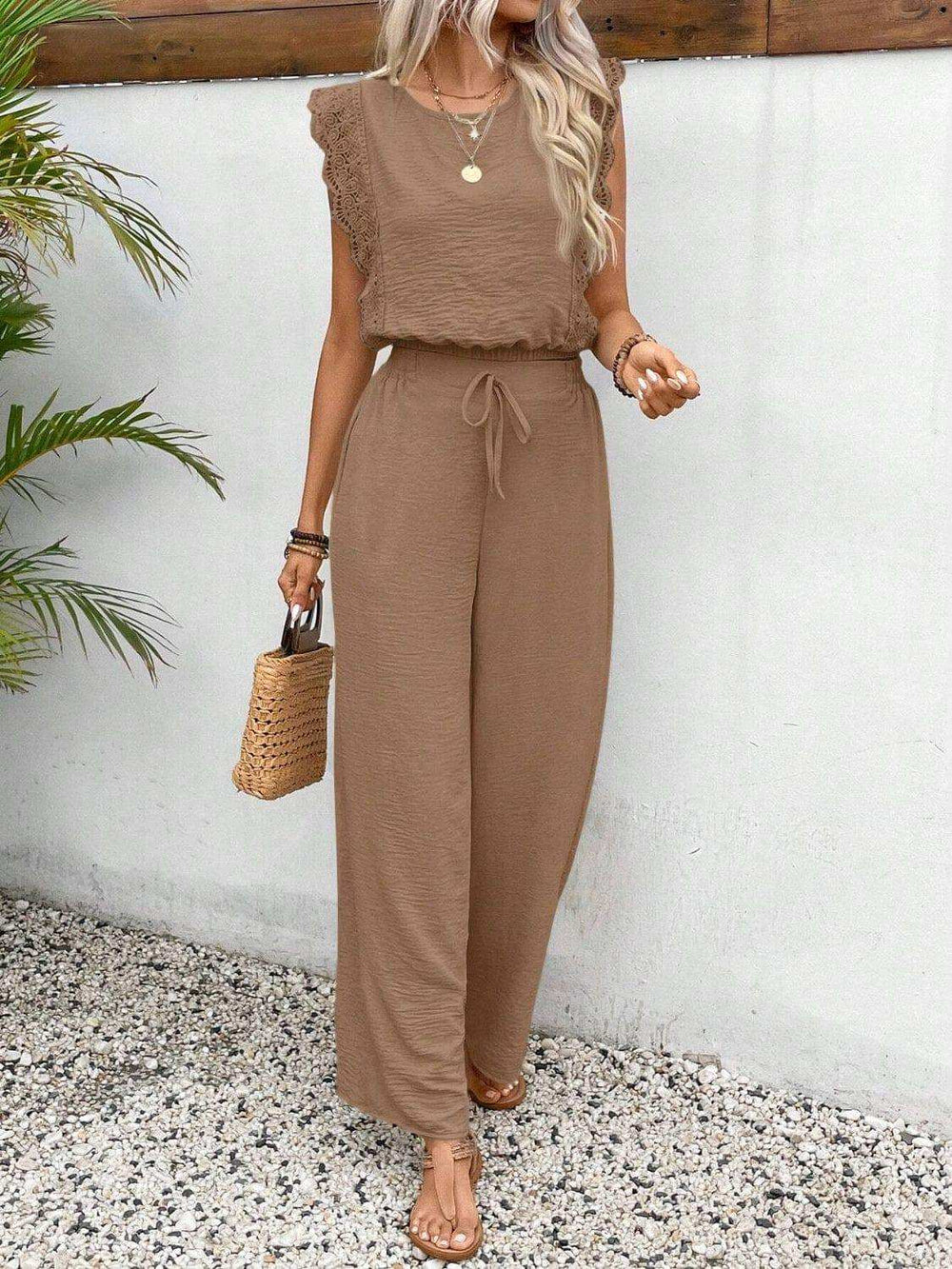 Lace Trim Round Neck Top and Pants Set - Trendsi - Flyclothing LLC