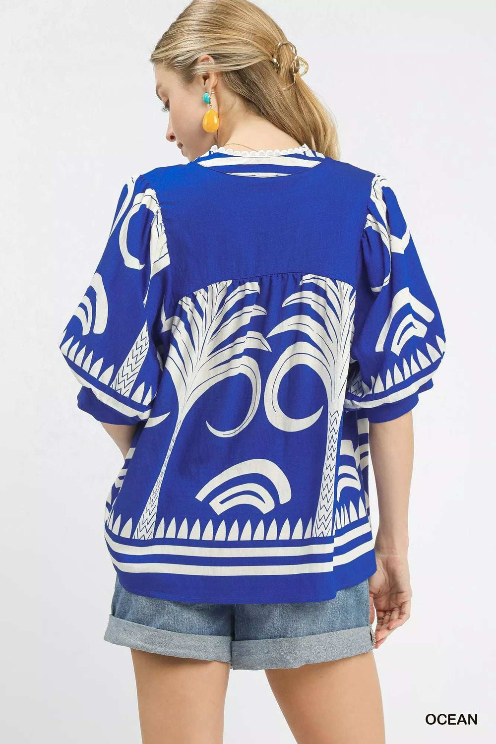 Umgee Folk Art Palm Print Puff Sleeve Blouse - Trendsi - Flyclothing LLC