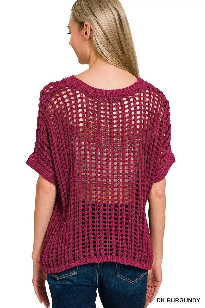 Zenana Fish Net Short Sleeve Crochet Knit Cover Up - Trendsi - Flyclothing LLC