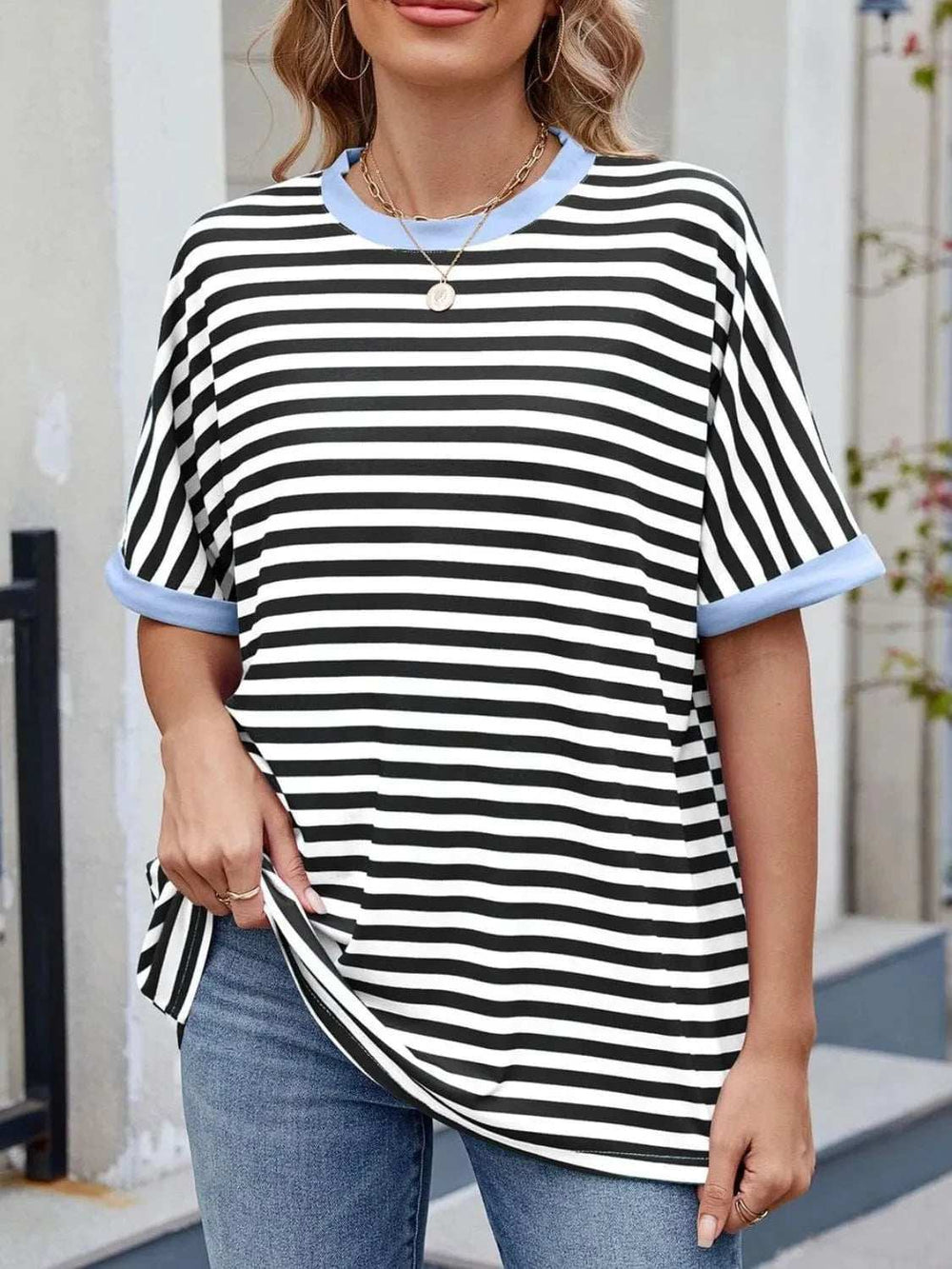 Striped Round Neck Half Sleeve T-Shirt - Trendsi - Flyclothing LLC