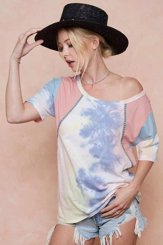 BiBi Tie Dye Printed Cotton Color Block T-Shirt - Trendsi - Flyclothing LLC