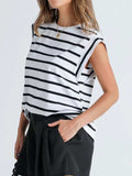 Florira Striped Round Neck Cap Sleeve T-Shirt - Trendsi - Flyclothing LLC