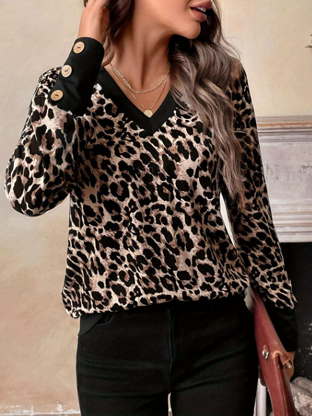 Decorative Button Leopard V-Neck Long Sleeve T-Shirt - Trendsi - Flyclothing LLC