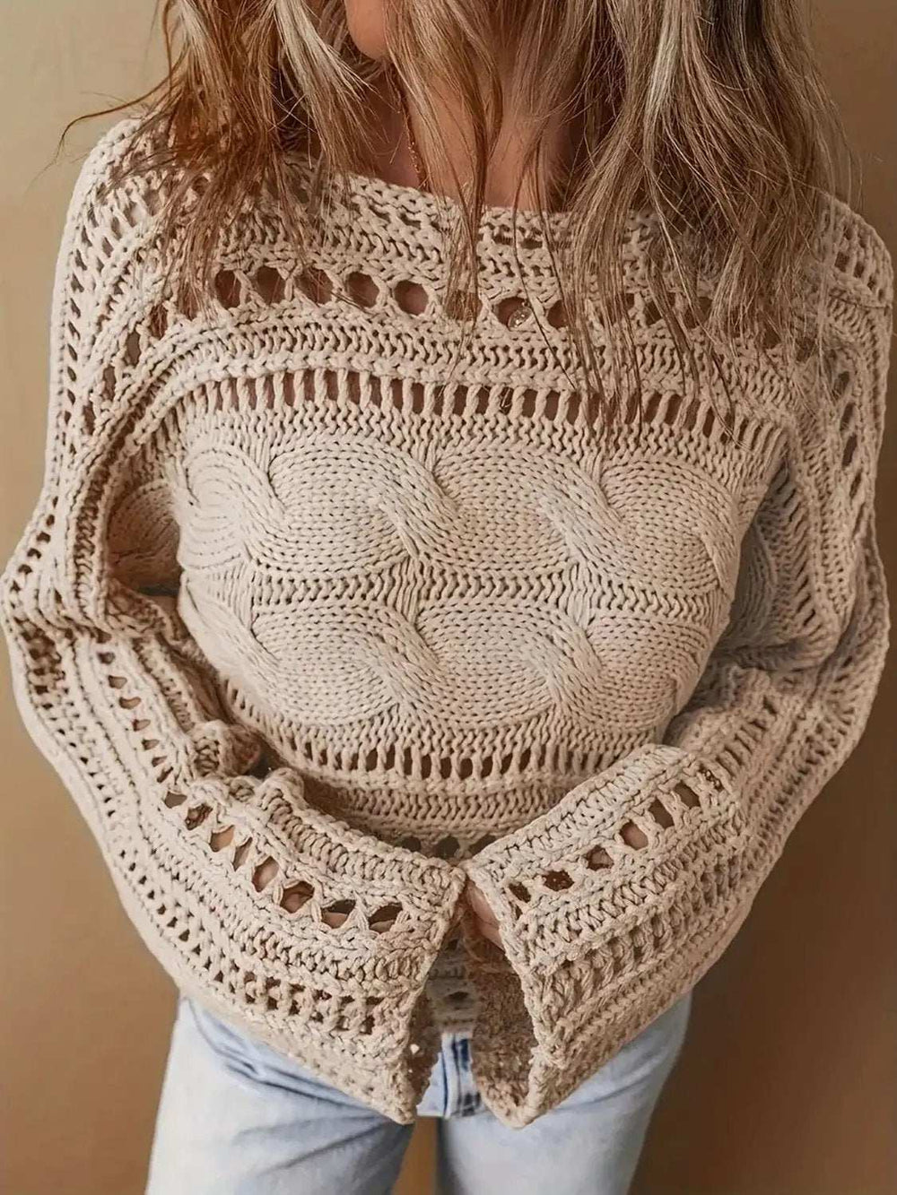 Hollow Out Cable-Knit Boat Neck Sweater - Trendsi - Flyclothing LLC