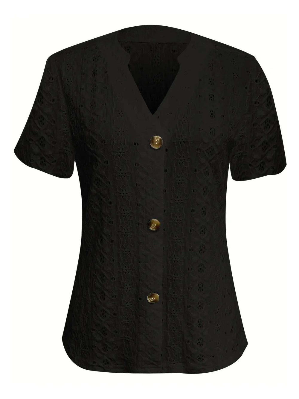 Openwork Notched Short Sleeve Top - Trendsi - Flyclothing LLC