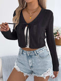 Openwork Tie Front Long Sleeve Cardigan - Trendsi - Flyclothing LLC
