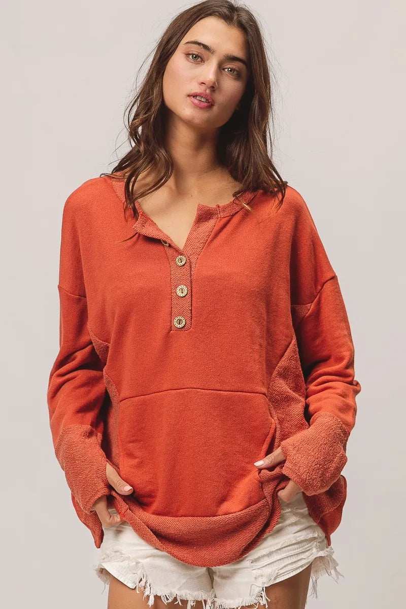 BiBi French Terry Knit Side Block Buttoned Henley Top - Trendsi - Flyclothing LLC