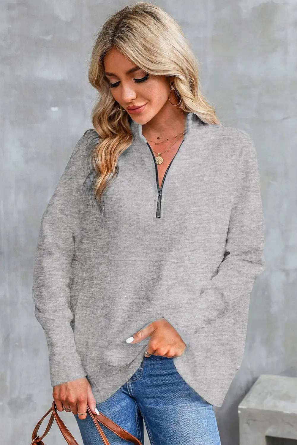 Half Zip Pocketed Dropped Shoulder Sweatshirt - Trendsi - Flyclothing LLC