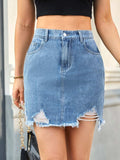 Distressed Raw Hem Denim Skirt - Trendsi - Flyclothing LLC