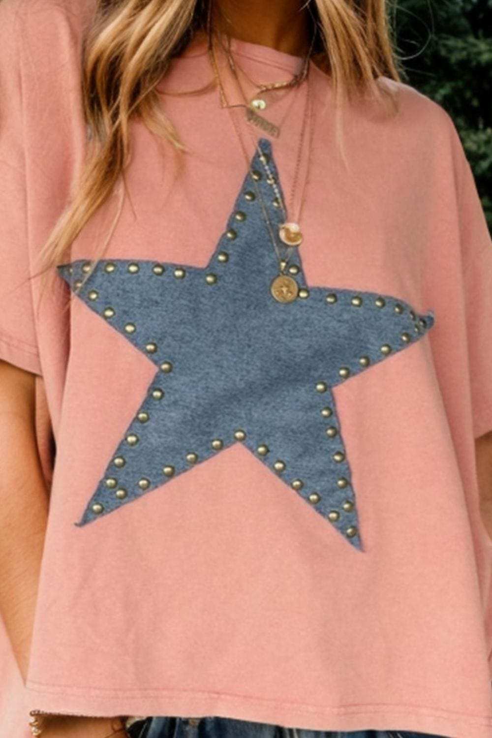 Studded Star Round Neck Short Sleeve T-Shirt - Trendsi - Flyclothing LLC
