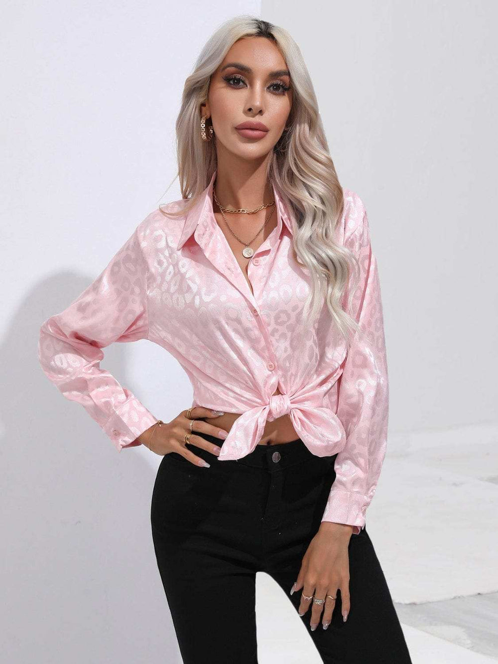 Leopard Collared Neck Long Sleeve Shirt - Trendsi - Flyclothing LLC