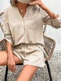 Notched Long Sleeve Top and Shorts Set - Trendsi - Flyclothing LLC