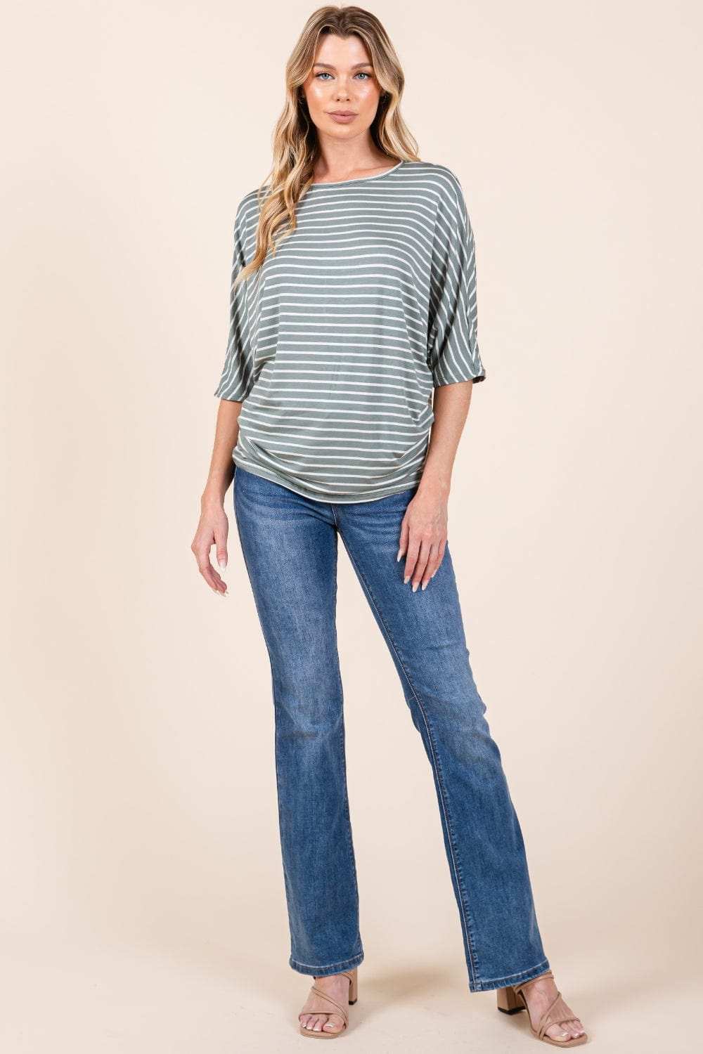 BOMBOM Striped Boat Neck Dolman Sleeve Top - Trendsi - Flyclothing LLC