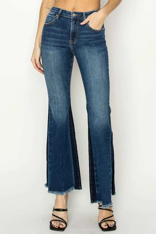 RISEN Full Size High Rise Side Shadow Seam Detail Slit Flare Jeans - Trendsi - Flyclothing LLC