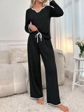 Contrast Trim Notched Long Sleeve Top and Pants Lounge Set - Trendsi - Flyclothing LLC