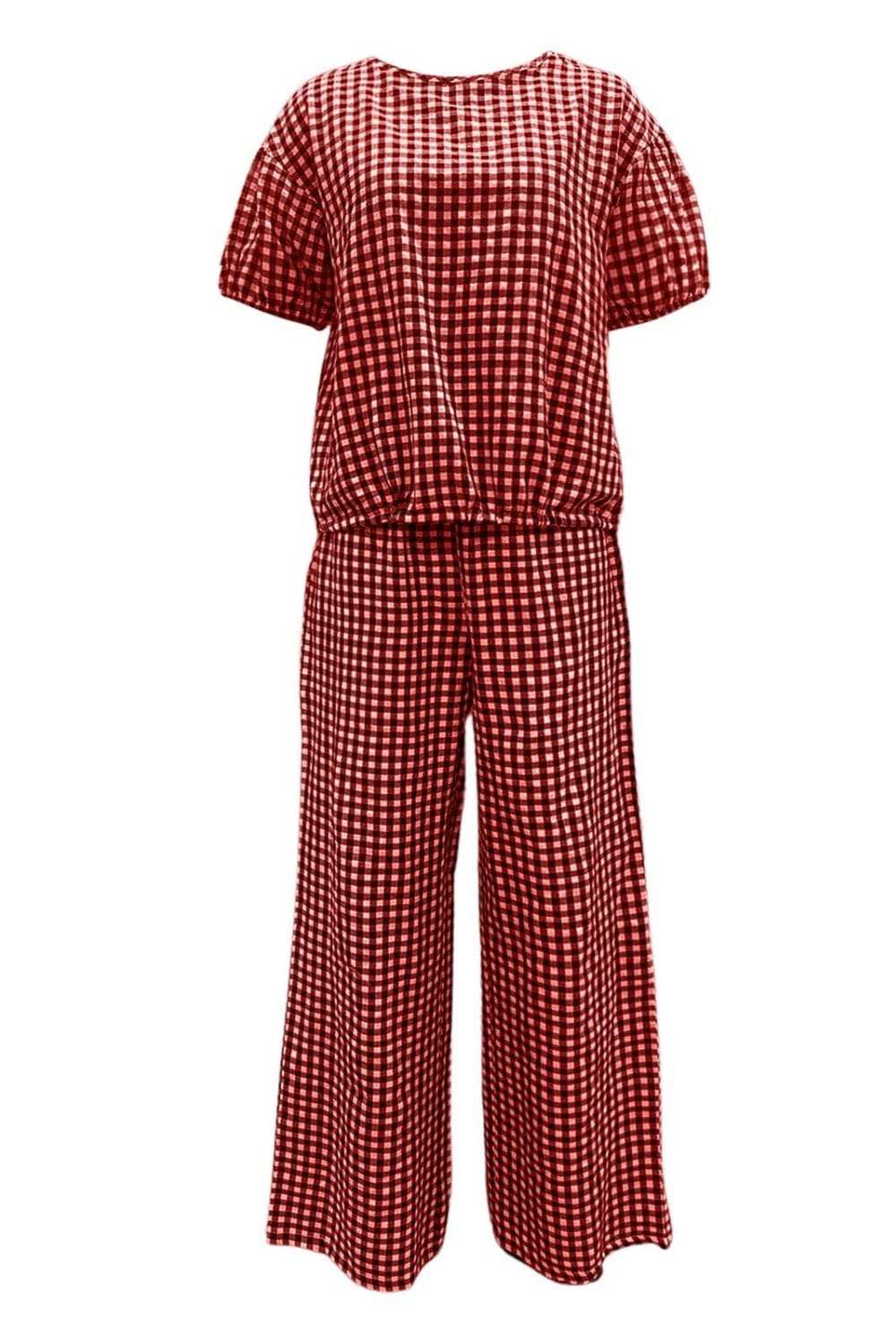Full Size Plaid Round Neck Half Sleeve Top and Pants Set - Trendsi - Flyclothing LLC