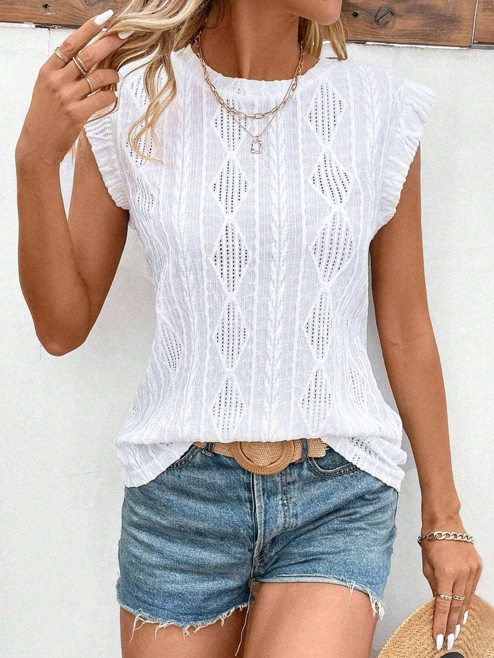 Openwork Round Neck Cap Sleeve Top - Trendsi - Flyclothing LLC