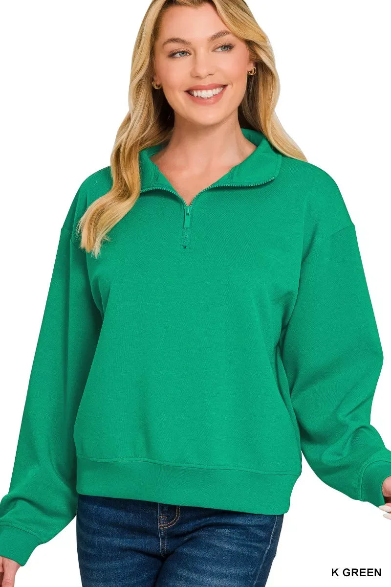 Zenana Scuba Half Zip Pullover Sweatshirt - Trendsi - Flyclothing LLC
