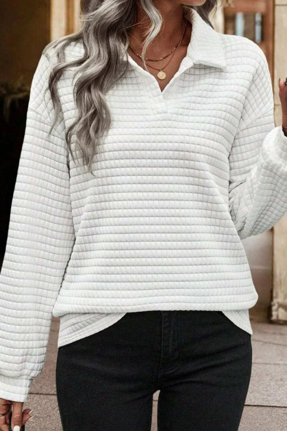 Texture Johnny Collar Long Sleeve Sweatshirt - Trendsi - Flyclothing LLC