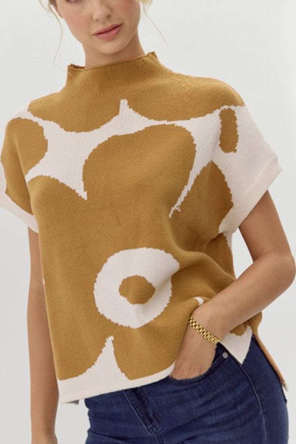 Contrast Flower Mock Neck Short Sleeve Sweater - Trendsi - Flyclothing LLC