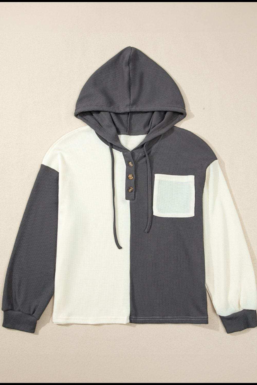 Waffle-Knit Two-Tone Long Sleeve Hoodie - Trendsi - Flyclothing LLC