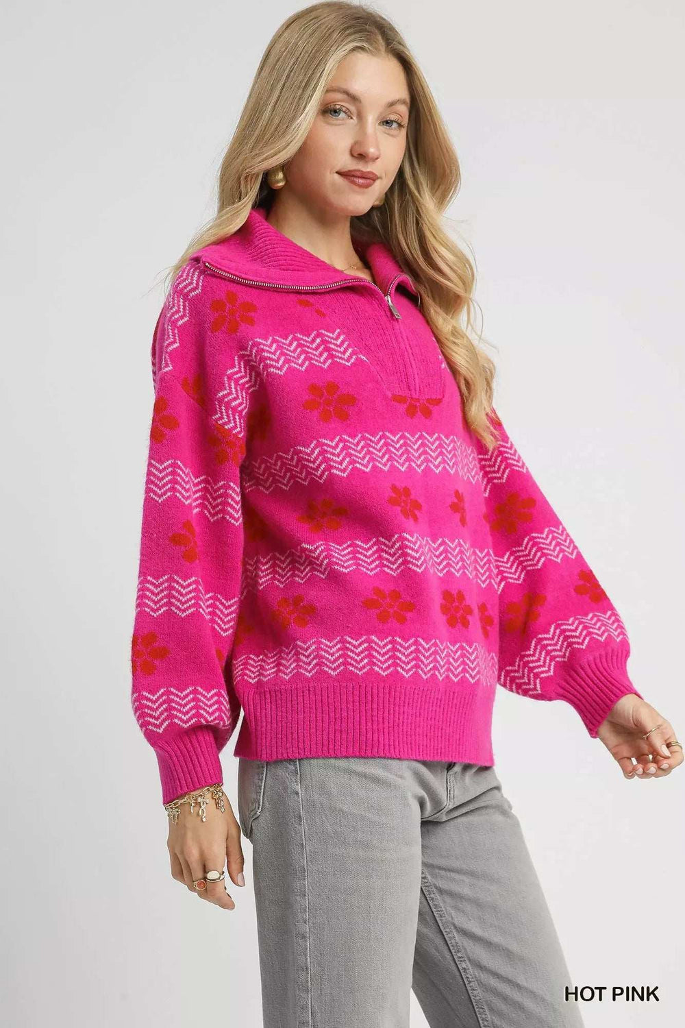 Umgee Floral Patterned Jacquard Quarter-Zip Pullover Sweater - Trendsi - Flyclothing LLC