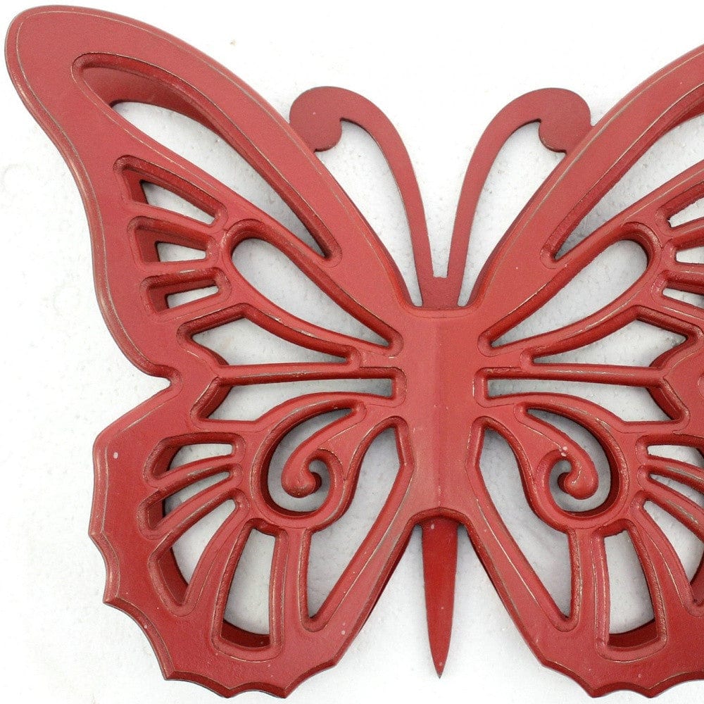 23" X 19" X 4" Red Rustic Butterfly Wooden Wall Decor - Homeroots - Flyclothing LLC