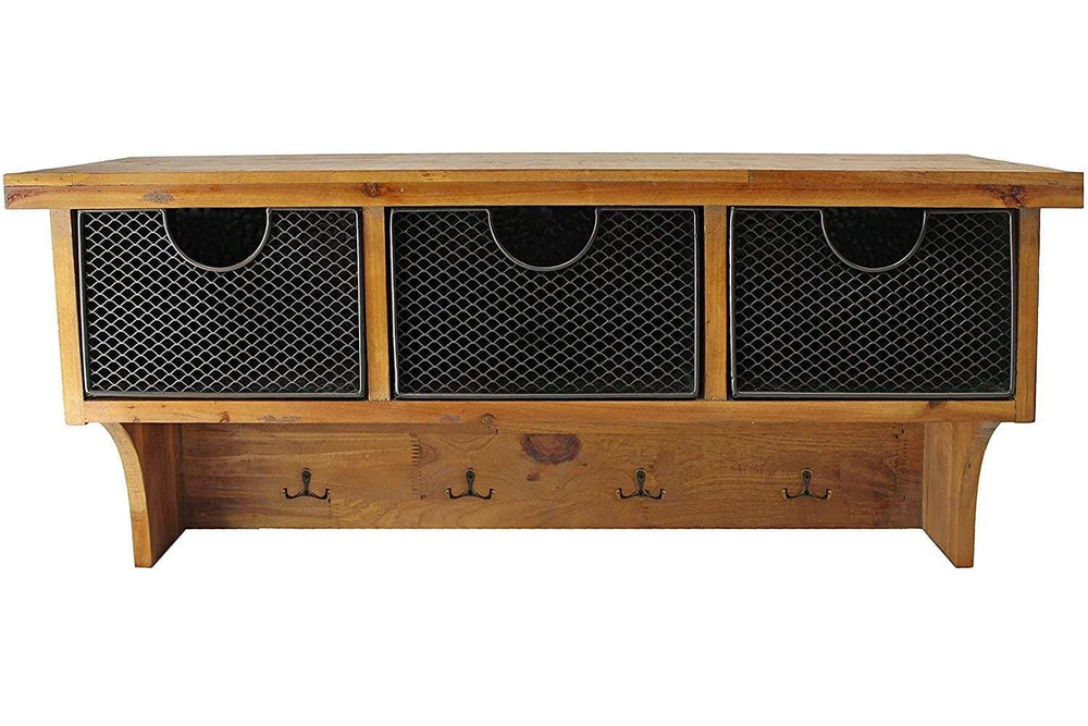 Brown Rustic Wooden Wall Shelf With 3 Drawers And Hooks - Homeroots - Flyclothing LLC