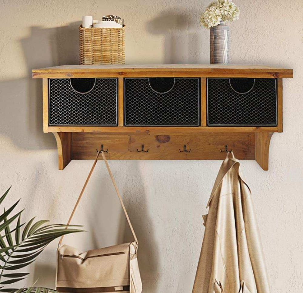 Brown Rustic Wooden Wall Shelf With 3 Drawers And Hooks - Homeroots - Flyclothing LLC