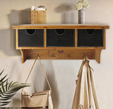 Brown Rustic Wooden Wall Shelf With 3 Drawers And Hooks - Homeroots - Flyclothing LLC