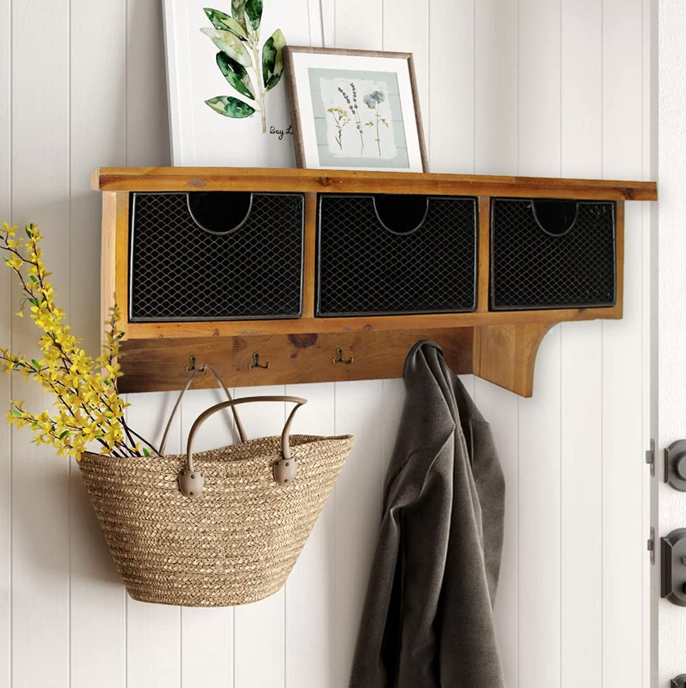 Brown Rustic Wooden Wall Shelf With 3 Drawers And Hooks - Homeroots - Flyclothing LLC