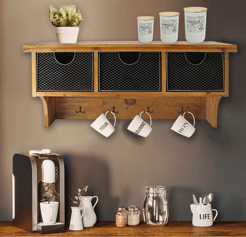 Brown Rustic Wooden Wall Shelf With 3 Drawers And Hooks - Homeroots - Flyclothing LLC