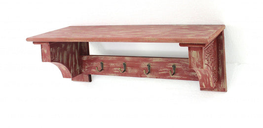 8 X 30 X 9.75 Red Vintage Wooden 4 Metal Hooks - Wall Shelf - Homeroots - Flyclothing LLC