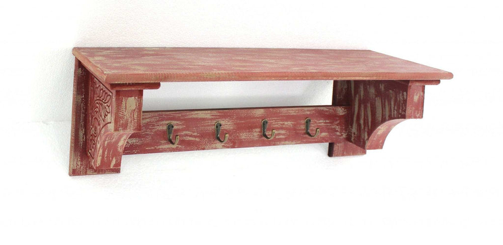 8 X 30 X 9.75 Red Vintage Wooden 4 Metal Hooks - Wall Shelf - Homeroots - Flyclothing LLC