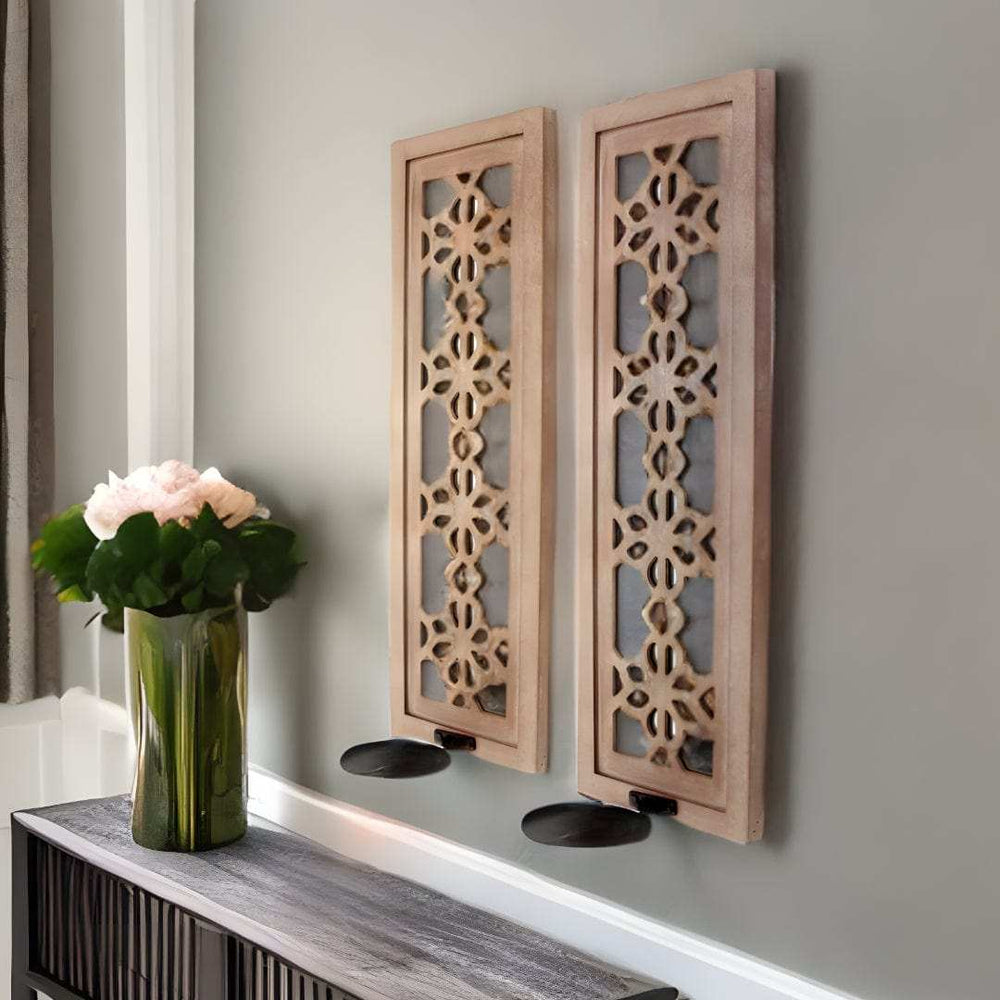 Set of Two Tan Lattice Wall Sconce Candle Holders - Homeroots - Flyclothing LLC
