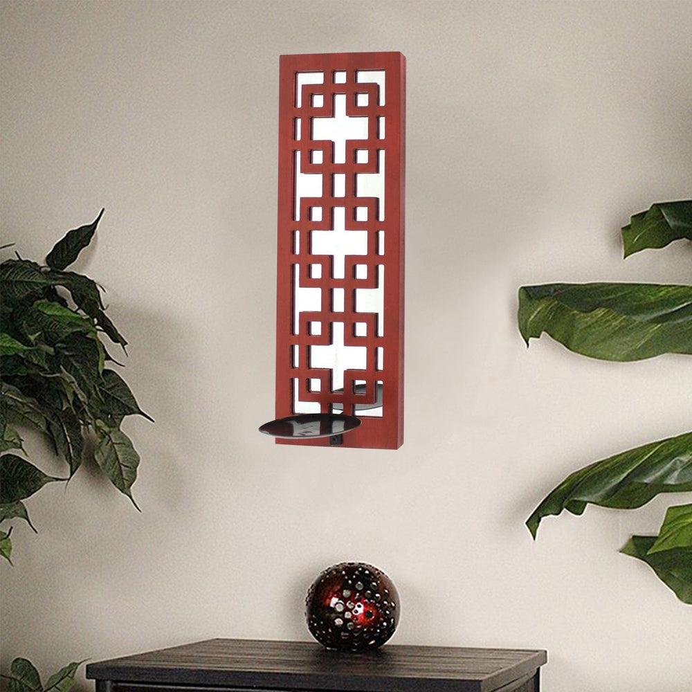 17" X 6" X 5" Red, Vintage Wood, Lattice Mirror - Candle Holder Sconce - Homeroots - Flyclothing LLC