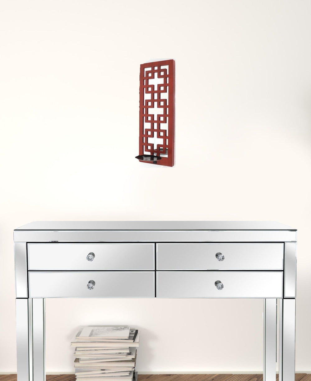 17" X 6" X 5" Red, Vintage Wood, Lattice Mirror - Candle Holder Sconce - Homeroots - Flyclothing LLC