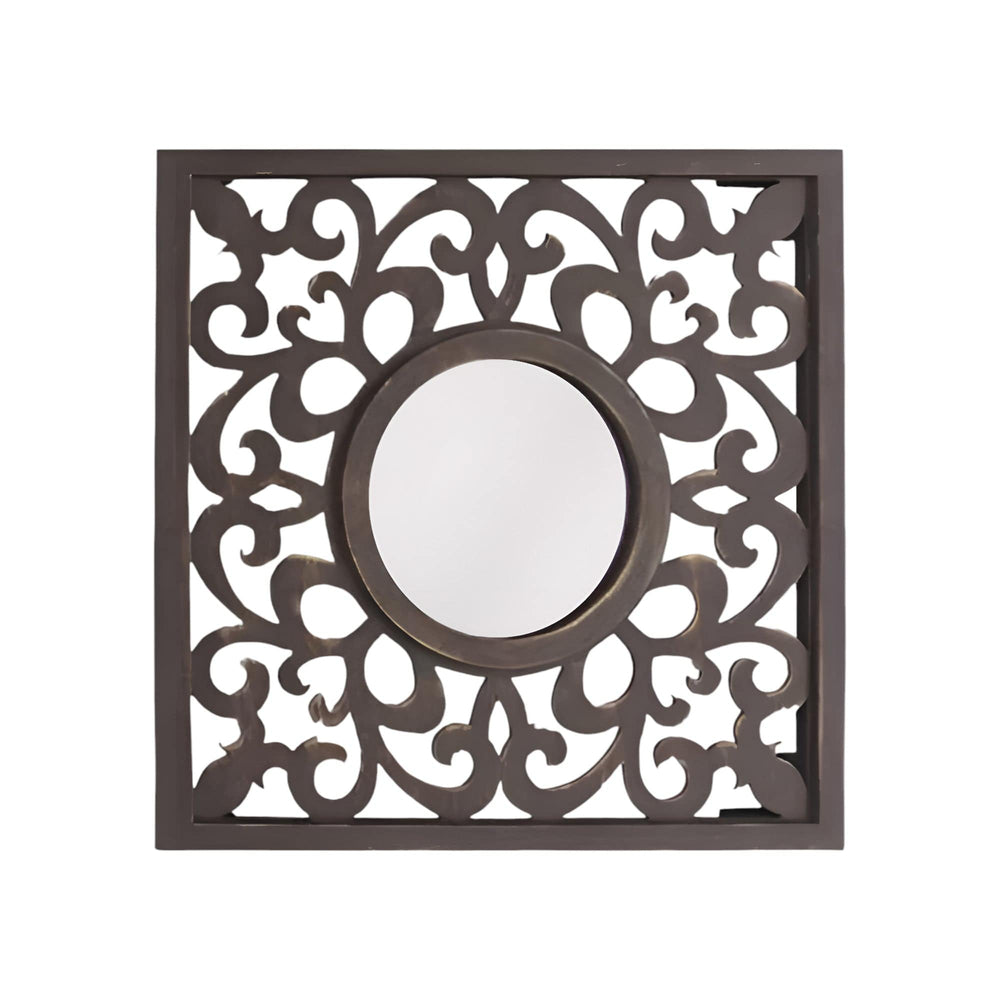 24" Brown Circle In Square Vintage Style Framed Accent Mirror - Homeroots - Flyclothing LLC