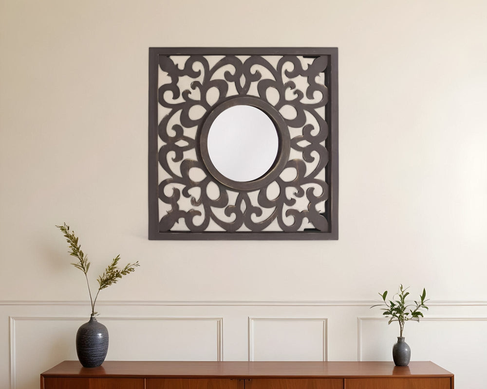 24" Brown Circle In Square Vintage Style Framed Accent Mirror - Homeroots - Flyclothing LLC