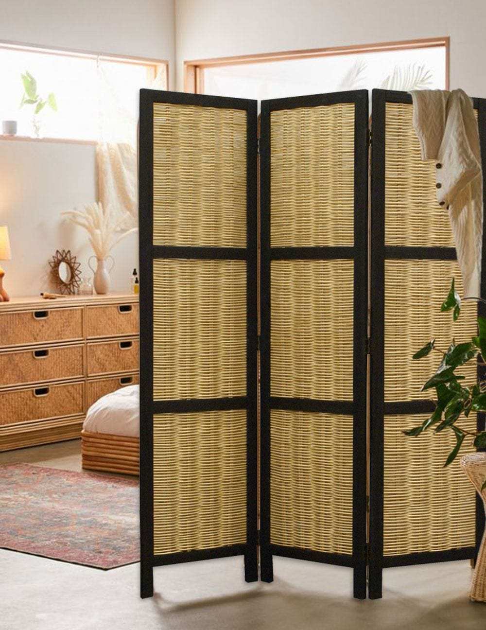 Dark Brown And Natural Willow 3 Panel Room Divider Screen - Homeroots - Flyclothing LLC