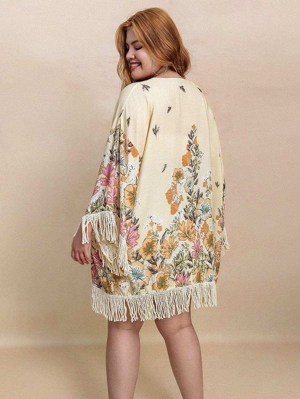 Plus Size Fringe Printed Open Front Cardigan - Trendsi - Flyclothing LLC