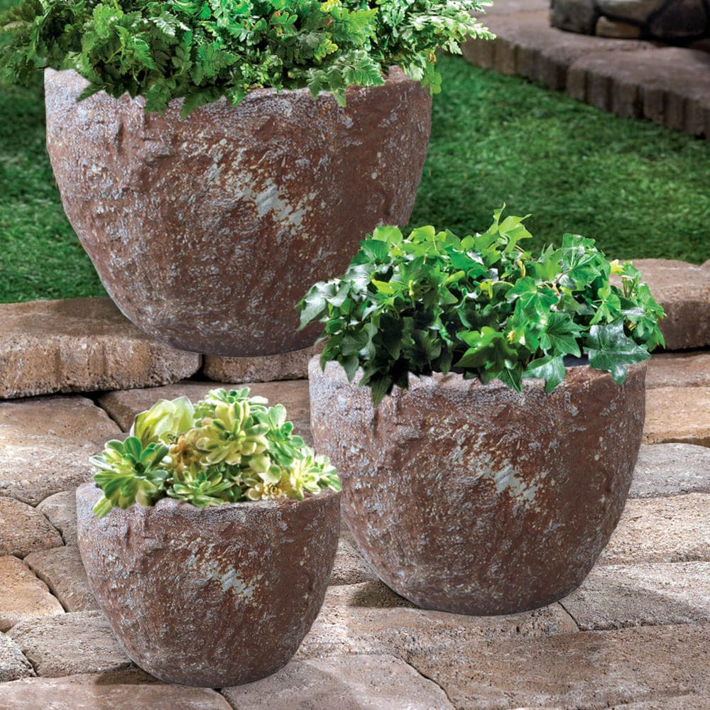 Set of Three 21" Brown Stone Indoor Outdoor Round Pot Planter - Homeroots - Flyclothing LLC