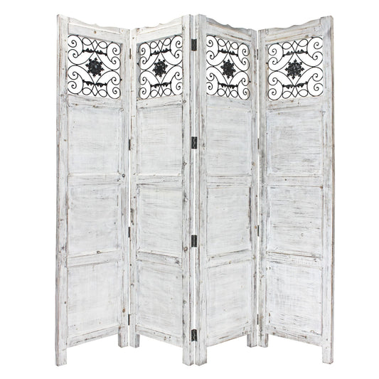 Gray Wash 4 Panel With Scroll Work Room Divider Screen - Homeroots - Flyclothing LLC