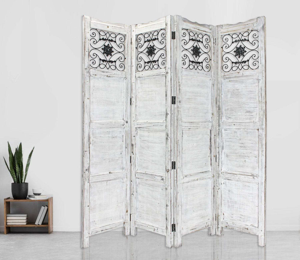 Gray Wash 4 Panel With Scroll Work Room Divider Screen - Homeroots - Flyclothing LLC