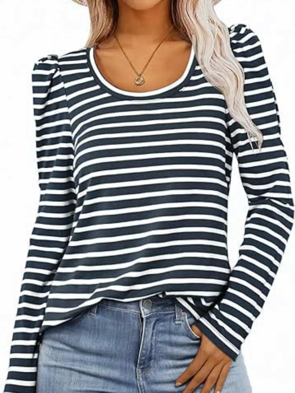 Striped Round Neck Long Sleeve T-Shirt - Trendsi - Flyclothing LLC