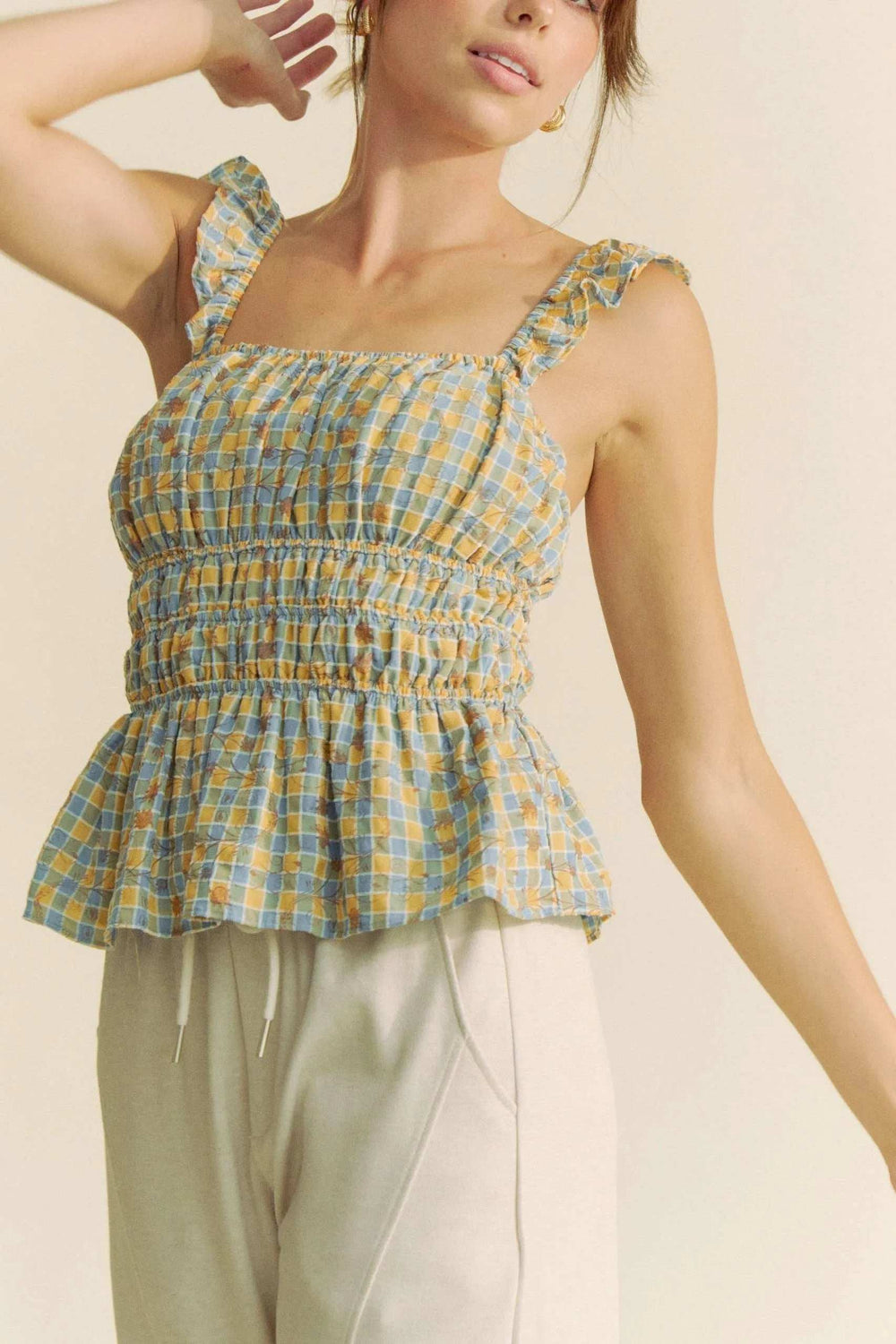 Davi & Dani Plaid Ruffled Strap Smocked Sleeveless Top - Trendsi - Flyclothing LLC