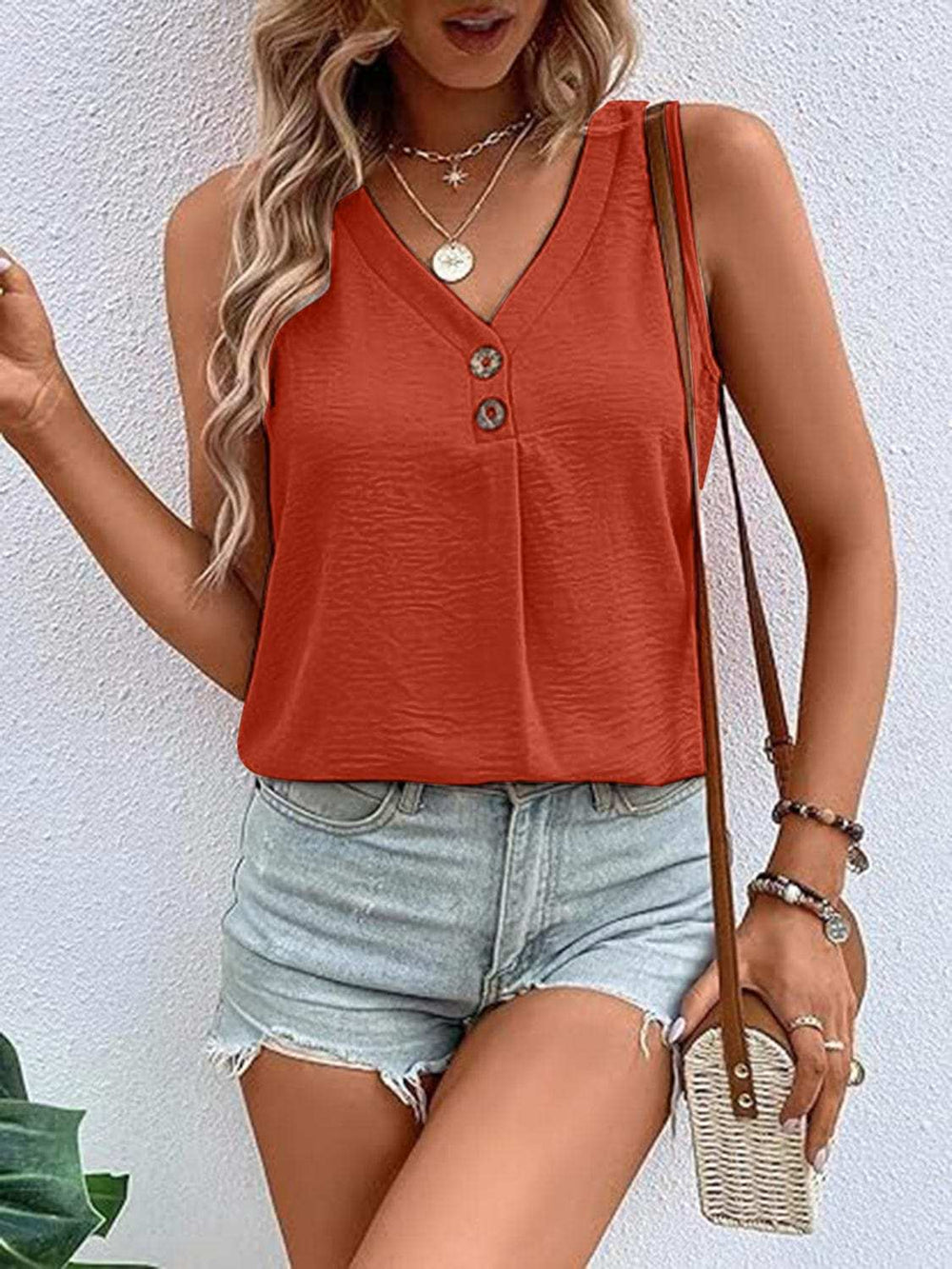 Full Size Decorative Button V-Neck Tank - Trendsi - Flyclothing LLC