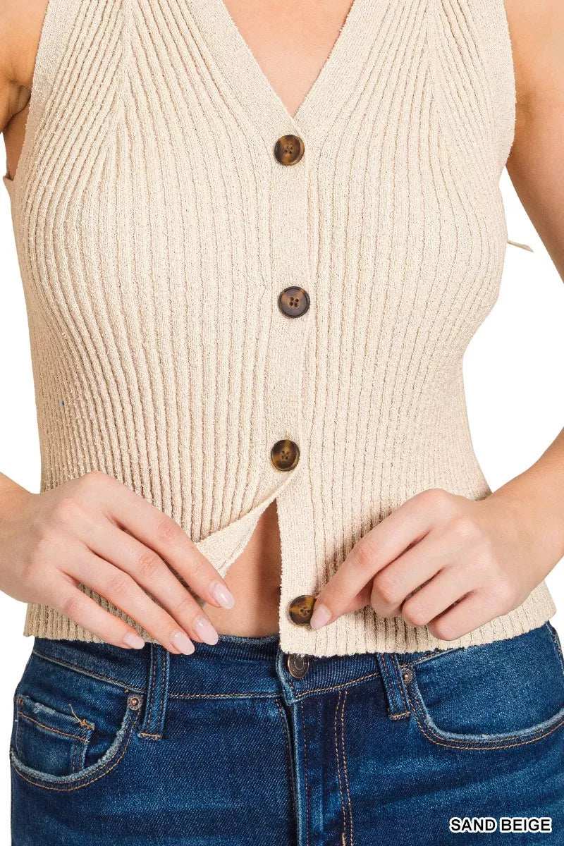Zenana Ribbed Knit Button-Down Sweater Vest - Trendsi - Flyclothing LLC