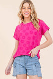 BOMBOM Textured Floral Pattern Short Sleeve T-Shirt - Trendsi - Flyclothing LLC