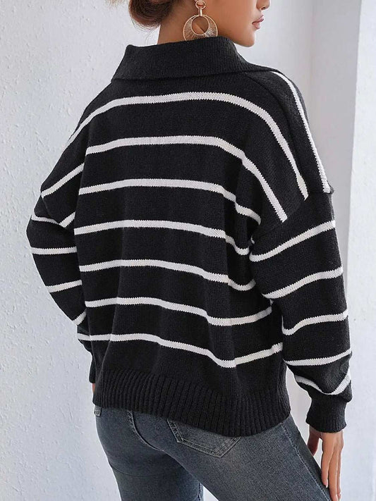 Striped Johnny Collar Long Sleeve Sweater - Trendsi - Flyclothing LLC